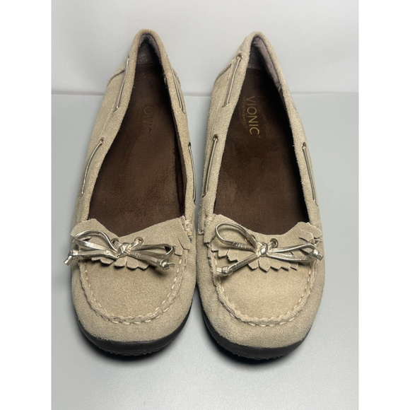 Vionic Orthaheel Petaluma Taupe Suede‎ Leather Kiltie Moc Toe Driving Loafers - Picture 1 of 7